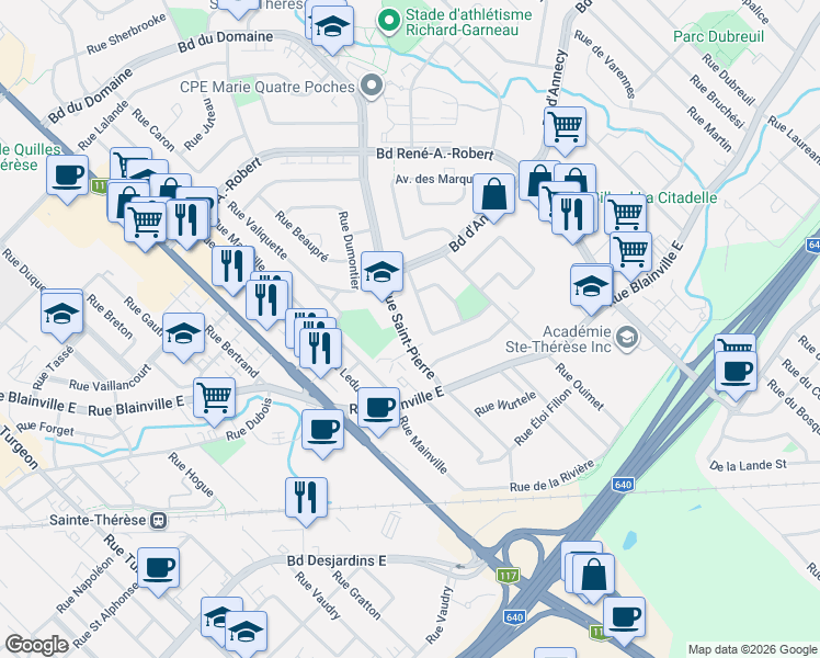 map of restaurants, bars, coffee shops, grocery stores, and more near 186 Rue Saint-Pierre in Sainte-Thérèse