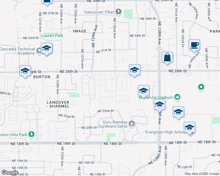 map of restaurants, bars, coffee shops, grocery stores, and more near 13108 Northeast 25th Street in Vancouver
