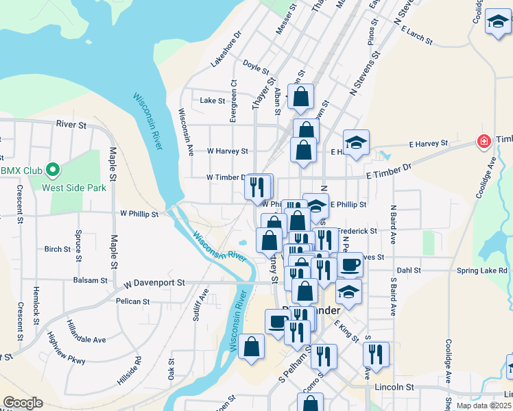 map of restaurants, bars, coffee shops, grocery stores, and more near 236 Thayer Street in Rhinelander