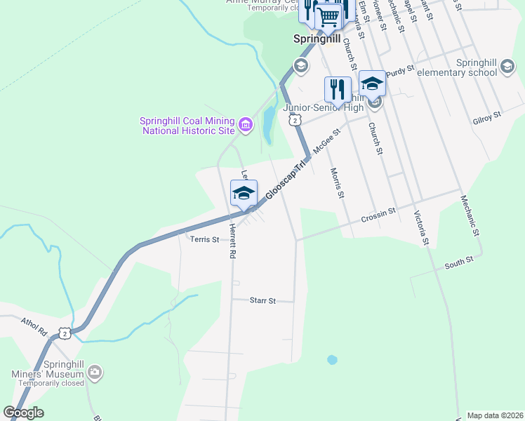 map of restaurants, bars, coffee shops, grocery stores, and more near 7 Fraser Lane in Springhill