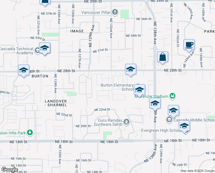 map of restaurants, bars, coffee shops, grocery stores, and more near 13108 Northeast 25th Street in Vancouver