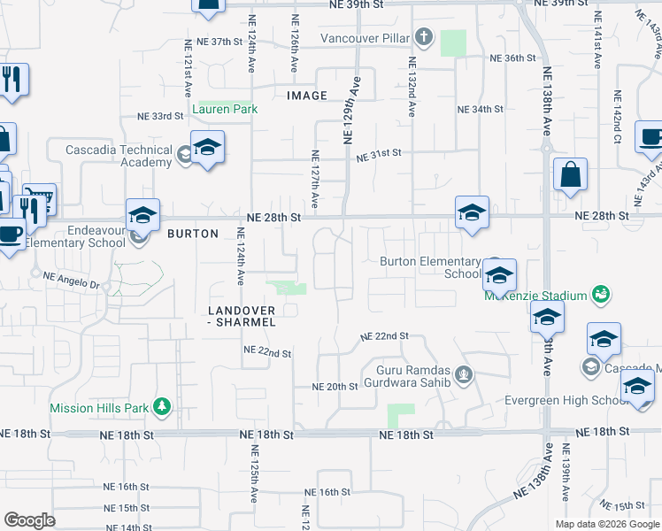 map of restaurants, bars, coffee shops, grocery stores, and more near 12901 Northeast 28th Street in Vancouver