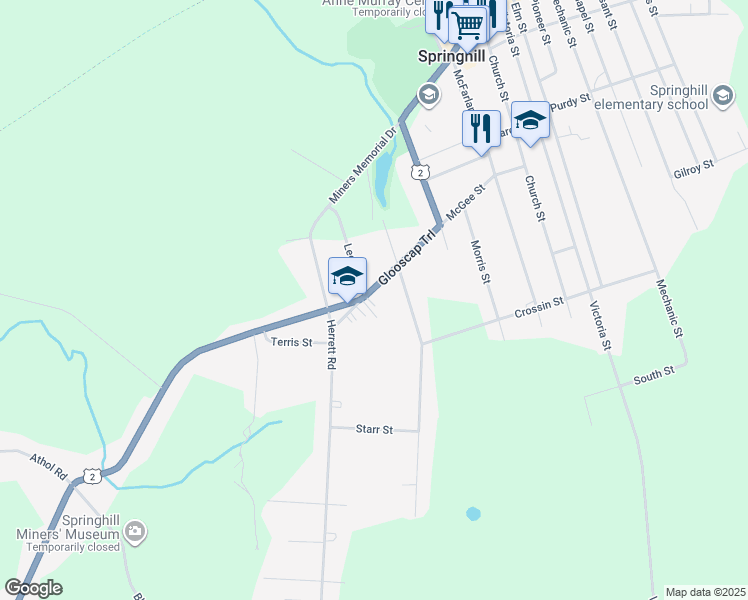 map of restaurants, bars, coffee shops, grocery stores, and more near 62 McGee Street in Springhill