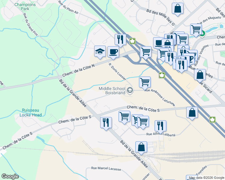 map of restaurants, bars, coffee shops, grocery stores, and more near 4912 Rue Ambroise-Lafortune in Boisbriand