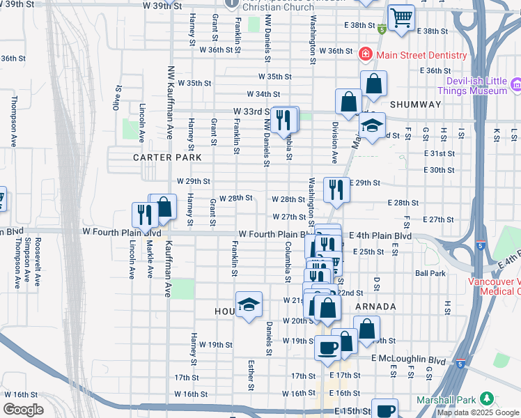map of restaurants, bars, coffee shops, grocery stores, and more near 424 West 27th Street in Vancouver