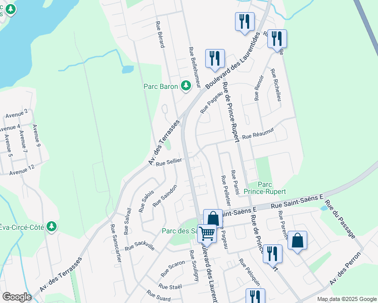 map of restaurants, bars, coffee shops, grocery stores, and more near 6805 Boulevard des Laurentides in Laval