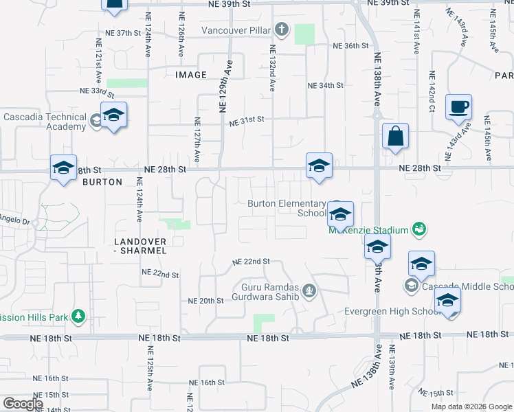 map of restaurants, bars, coffee shops, grocery stores, and more near 2622 Northeast 131st Court in Vancouver