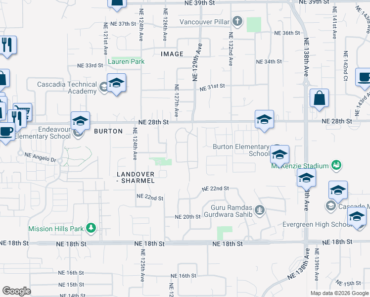 map of restaurants, bars, coffee shops, grocery stores, and more near 12901 Northeast 28th Street in Vancouver