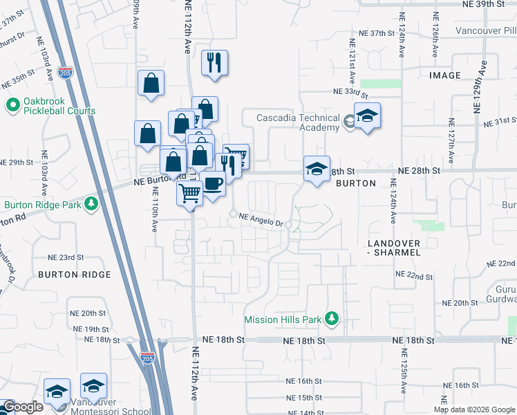 map of restaurants, bars, coffee shops, grocery stores, and more near 2645 Northeast 115th Plaza in Vancouver