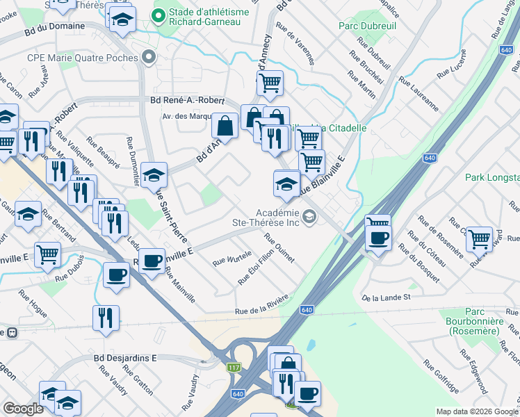 map of restaurants, bars, coffee shops, grocery stores, and more near 388 Rue Blainville Est in Sainte-Thérèse