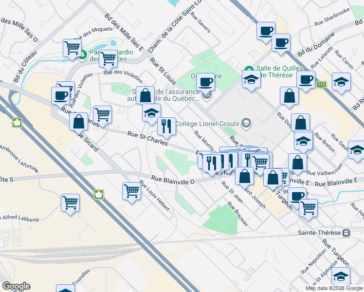 map of restaurants, bars, coffee shops, grocery stores, and more near 58 Rue Saint-Charles in Sainte-Thérèse