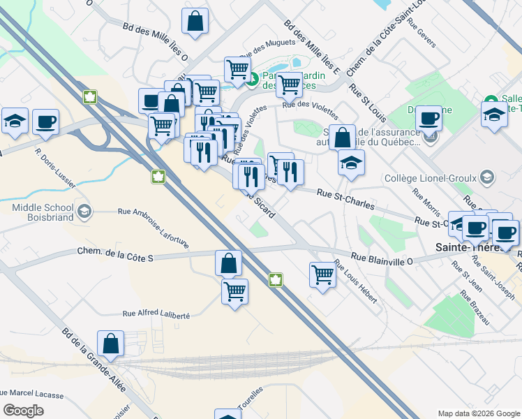map of restaurants, bars, coffee shops, grocery stores, and more near 234 Rue Sicard in Sainte-Thérèse