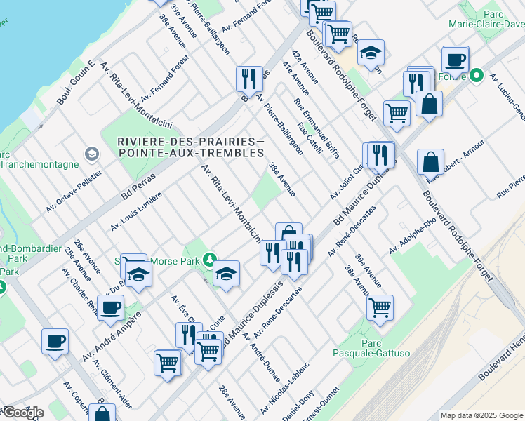 map of restaurants, bars, coffee shops, grocery stores, and more near 8650 Rue Rosario Bayeur in Montreal