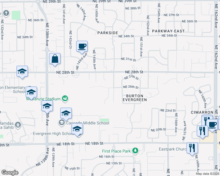 map of restaurants, bars, coffee shops, grocery stores, and more near Northeast 26th Street in Vancouver
