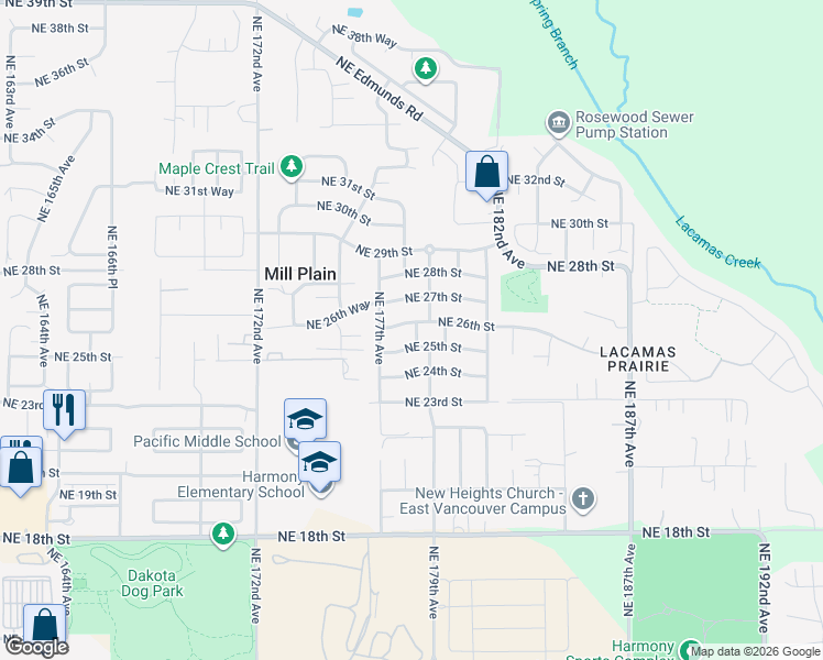 map of restaurants, bars, coffee shops, grocery stores, and more near 17801 Northeast 27th Street in Vancouver