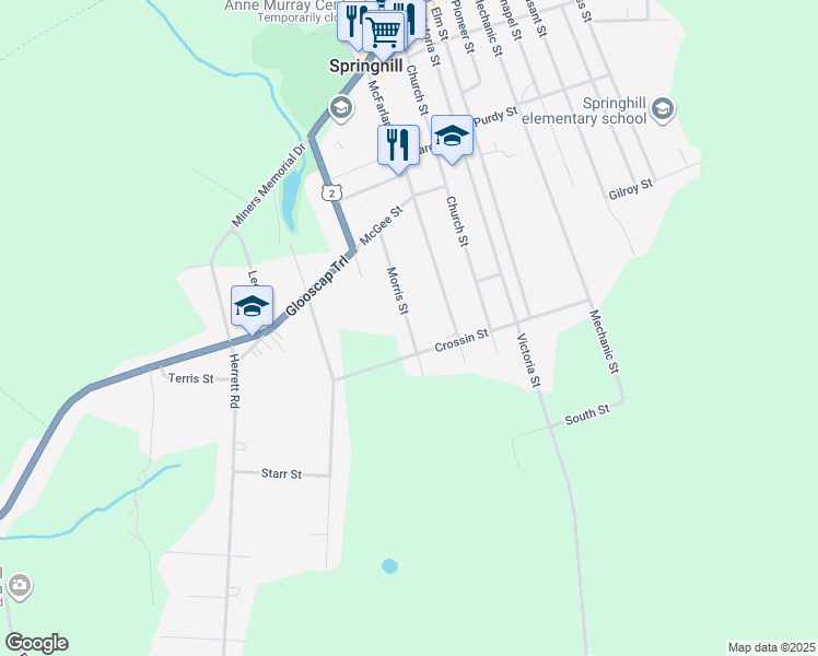 map of restaurants, bars, coffee shops, grocery stores, and more near Morris Street in Springhill