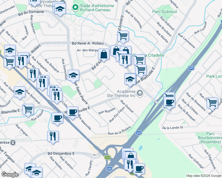 map of restaurants, bars, coffee shops, grocery stores, and more near 130 Avenue de la Rocade in Sainte-Thérèse