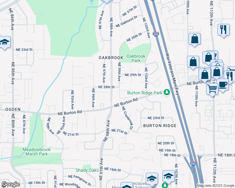map of restaurants, bars, coffee shops, grocery stores, and more near 2612 Northeast 99th Avenue in Vancouver