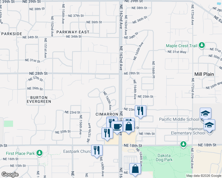 map of restaurants, bars, coffee shops, grocery stores, and more near 16013 Northeast 26th Street in Vancouver