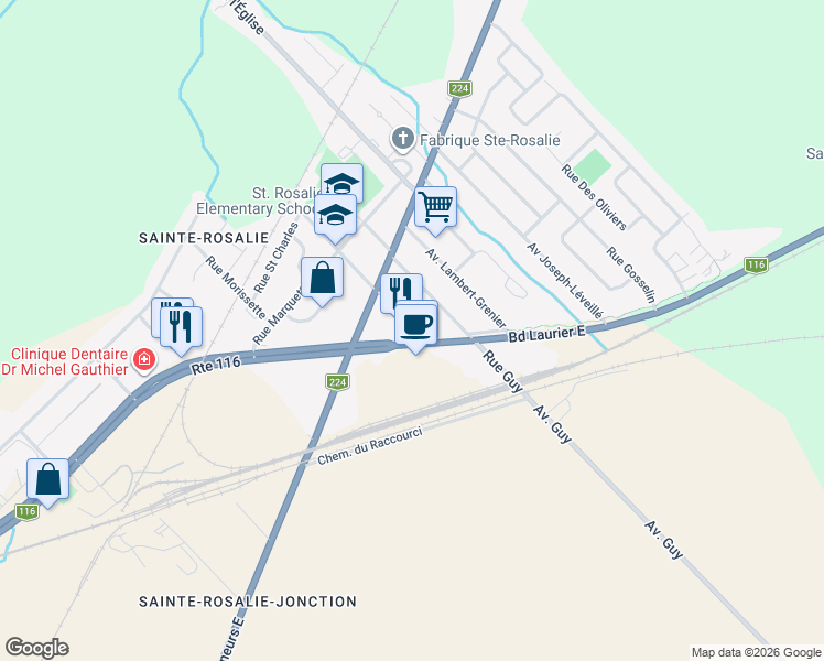 map of restaurants, bars, coffee shops, grocery stores, and more near 4960 Boulevard Laurier Est in Saint-Hyacinthe
