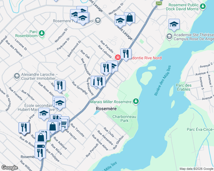 map of restaurants, bars, coffee shops, grocery stores, and more near 444 Chemin de la Grande-Côte in Rosemère