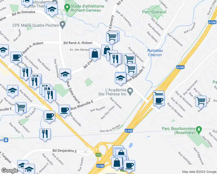map of restaurants, bars, coffee shops, grocery stores, and more near 388 Rue Blainville Est in Sainte-Thérèse