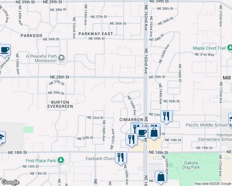 map of restaurants, bars, coffee shops, grocery stores, and more near 15802 Northeast 26th Street in Vancouver