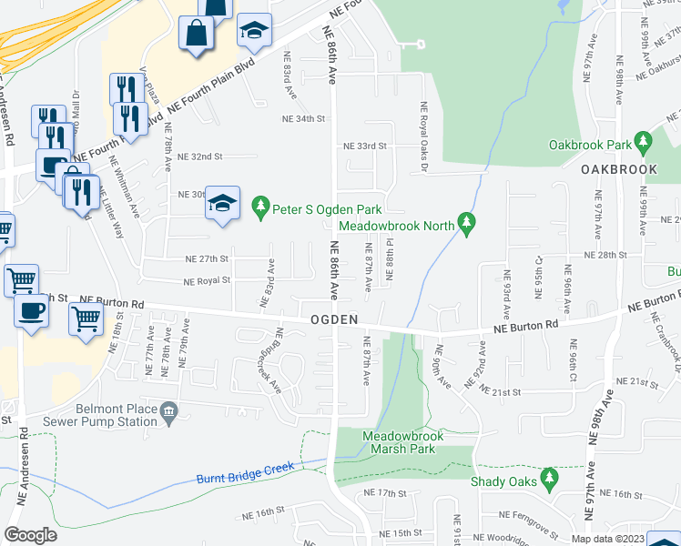 map of restaurants, bars, coffee shops, grocery stores, and more near 2607 Northeast 86th Avenue in Vancouver