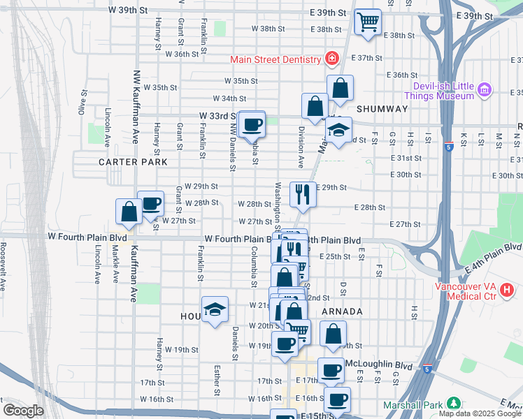 map of restaurants, bars, coffee shops, grocery stores, and more near 221 West 28th Street in Vancouver