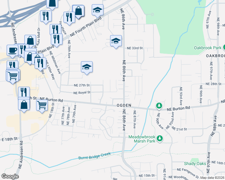 map of restaurants, bars, coffee shops, grocery stores, and more near 8400 Northeast Royal Street in Vancouver