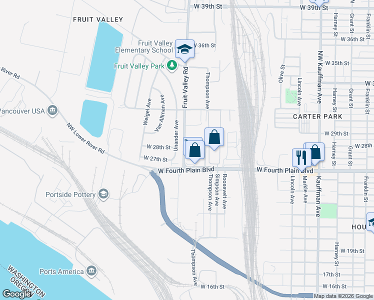 map of restaurants, bars, coffee shops, grocery stores, and more near 2707 Fruit Valley Road in Vancouver