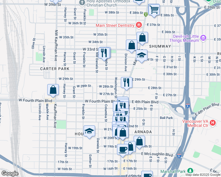 map of restaurants, bars, coffee shops, grocery stores, and more near 215 West 28th Street in Vancouver
