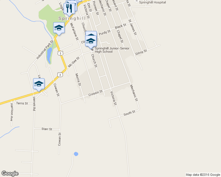 map of restaurants, bars, coffee shops, grocery stores, and more near Victoria Street in Springhill