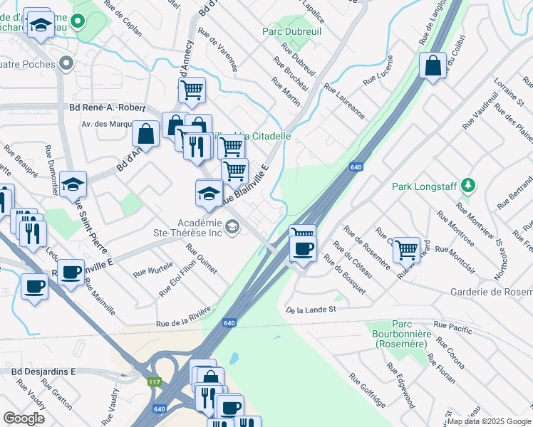 map of restaurants, bars, coffee shops, grocery stores, and more near 22 Rue J. E. Turbide in Sainte-Thérèse