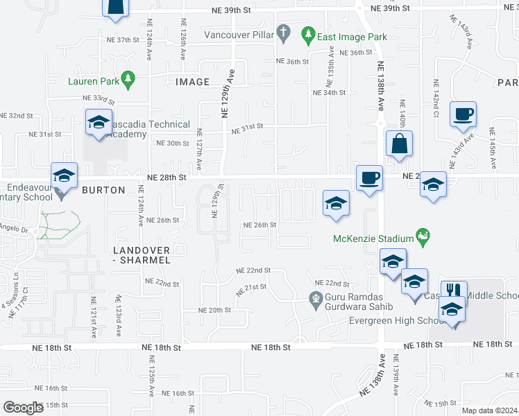 map of restaurants, bars, coffee shops, grocery stores, and more near 2621 Northeast 131st Avenue in Vancouver
