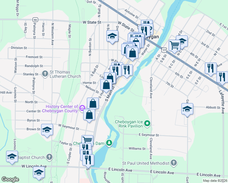 map of restaurants, bars, coffee shops, grocery stores, and more near 201 Locust St in Cheboygan