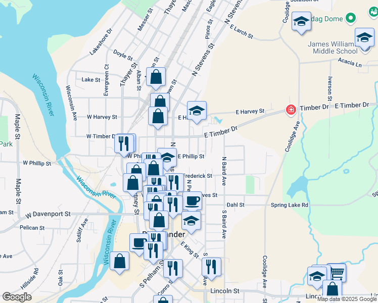 map of restaurants, bars, coffee shops, grocery stores, and more near 325 North Pelham Street in Rhinelander