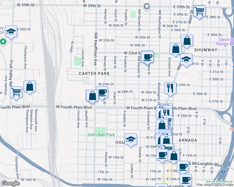 map of restaurants, bars, coffee shops, grocery stores, and more near 2715 Grant Street in Vancouver