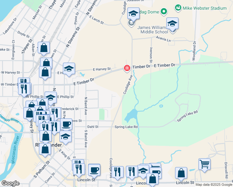 map of restaurants, bars, coffee shops, grocery stores, and more near 321 Ridgeway Drive in Rhinelander