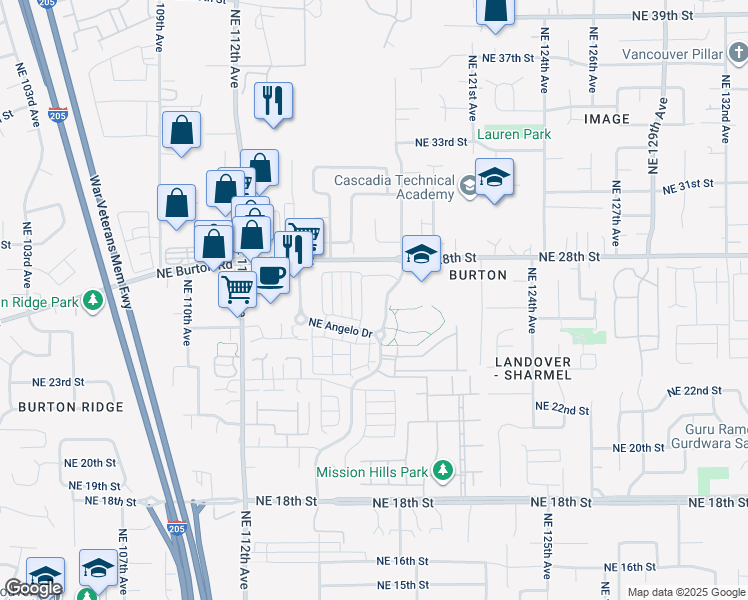 map of restaurants, bars, coffee shops, grocery stores, and more near 11515 Northeast 28th Street in Vancouver