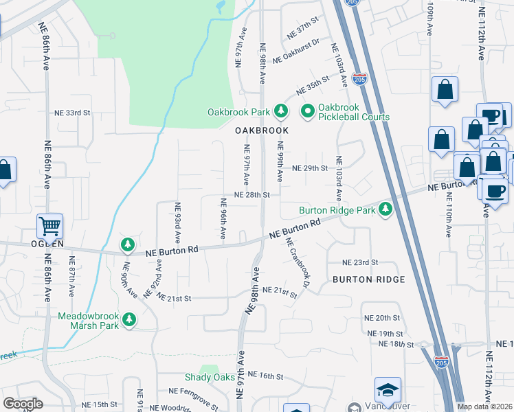 map of restaurants, bars, coffee shops, grocery stores, and more near 9715 Northeast 28th Street in Vancouver