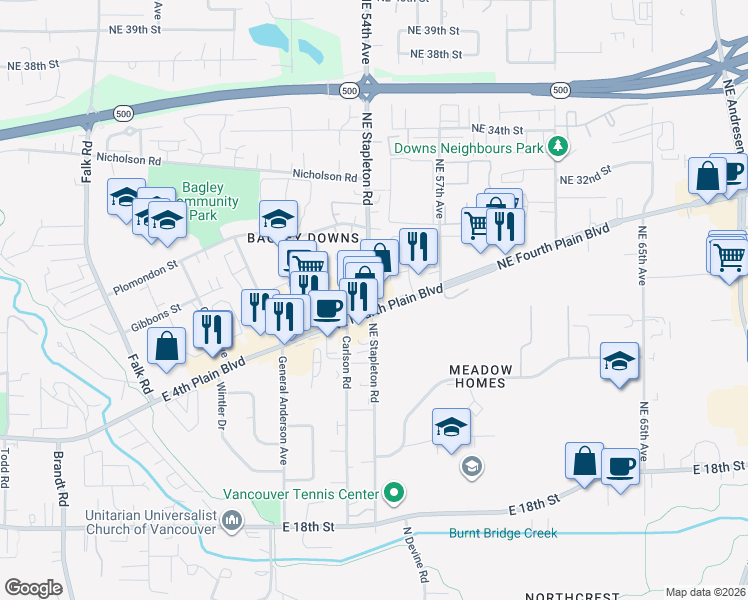 map of restaurants, bars, coffee shops, grocery stores, and more near 5400 Northeast Fourth Plain Boulevard in Vancouver