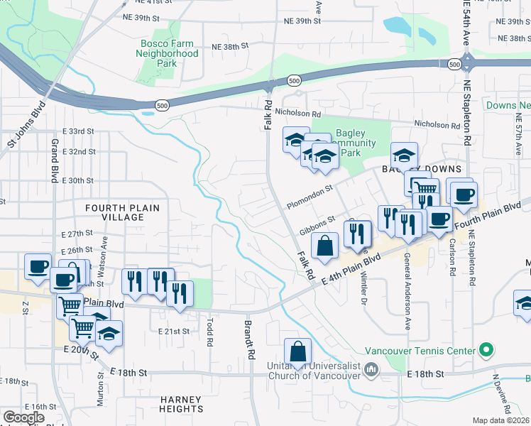 map of restaurants, bars, coffee shops, grocery stores, and more near 3818 Plomondon Lane in Vancouver