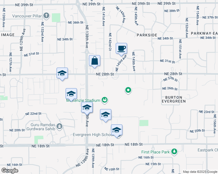 map of restaurants, bars, coffee shops, grocery stores, and more near 14015 Northeast 28th Street in Vancouver