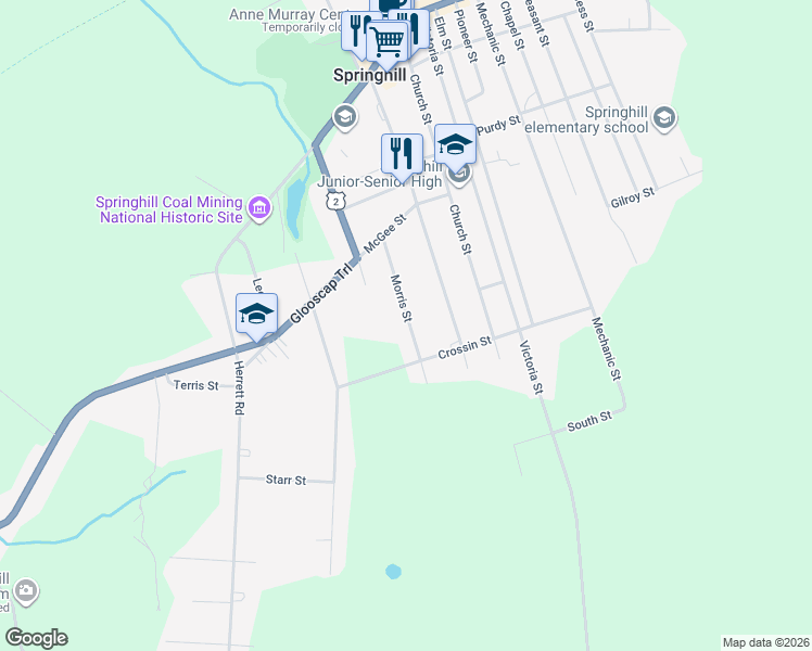 map of restaurants, bars, coffee shops, grocery stores, and more near 25 Morris Street in Springhill