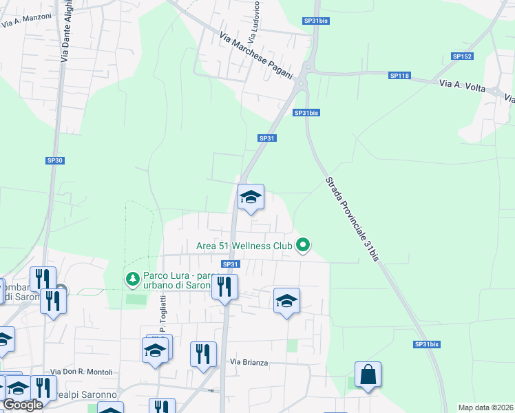 map of restaurants, bars, coffee shops, grocery stores, and more near 51 Via Larga in Saronno