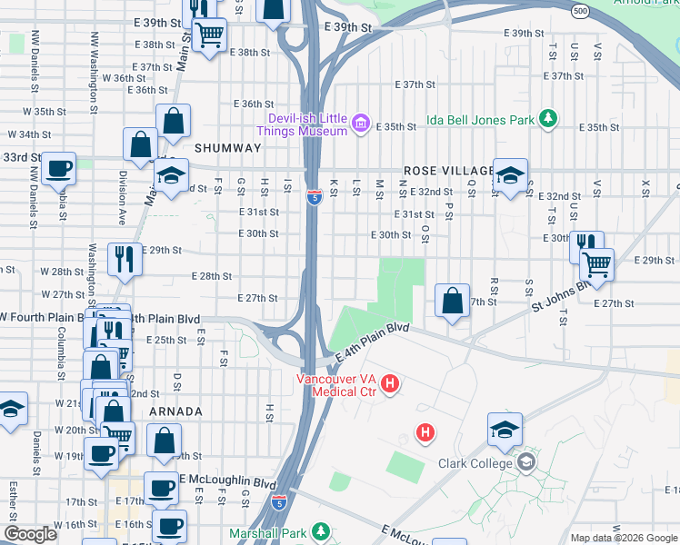 map of restaurants, bars, coffee shops, grocery stores, and more near 2816 K Street in Vancouver