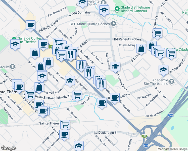 map of restaurants, bars, coffee shops, grocery stores, and more near 4 Rue Lauzon in Sainte-Thérèse