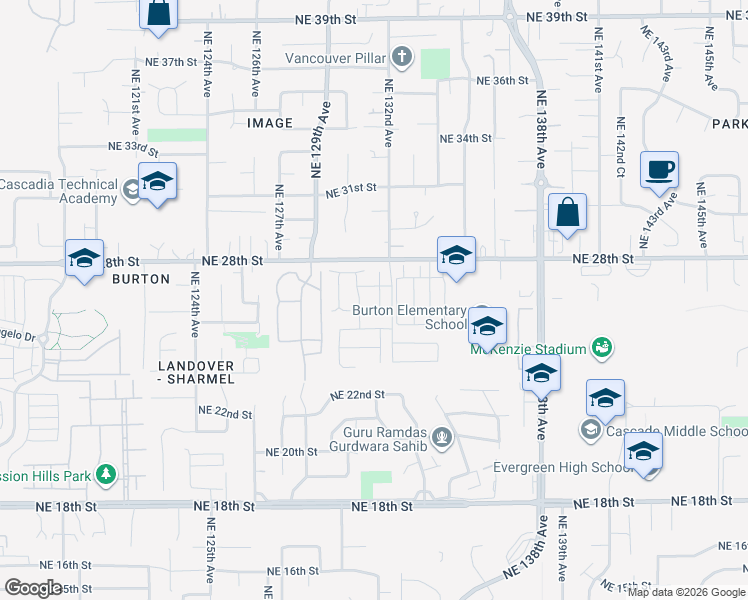 map of restaurants, bars, coffee shops, grocery stores, and more near 2622 Northeast 131st Court in Vancouver