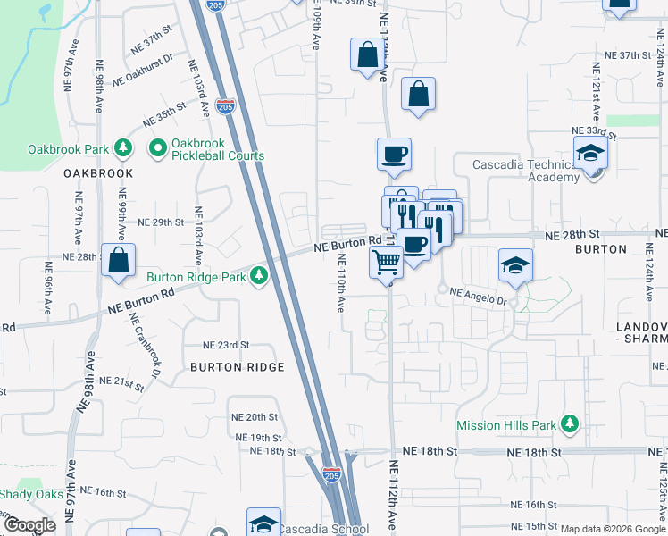 map of restaurants, bars, coffee shops, grocery stores, and more near 2706 Northeast 110th Avenue in Vancouver